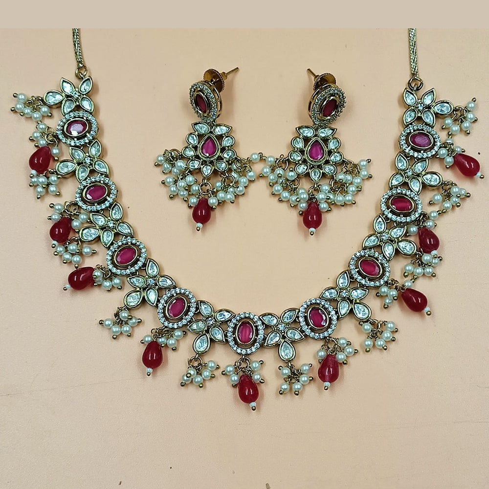 NAFJ Gold Plated Polki Kundan Stone And Beads Necklace Set