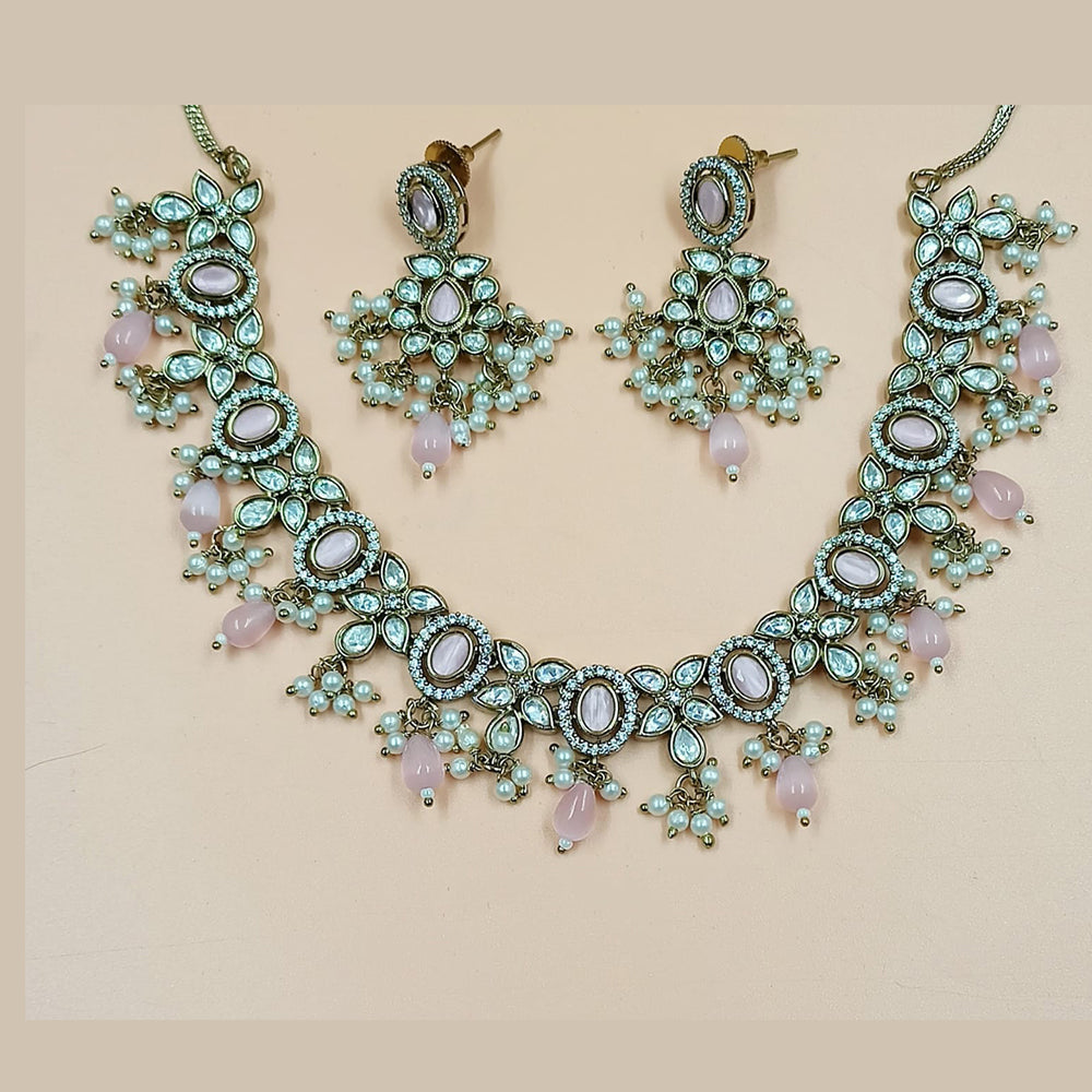 NAFJ Gold Plated Polki Kundan Stone And Beads Necklace Set