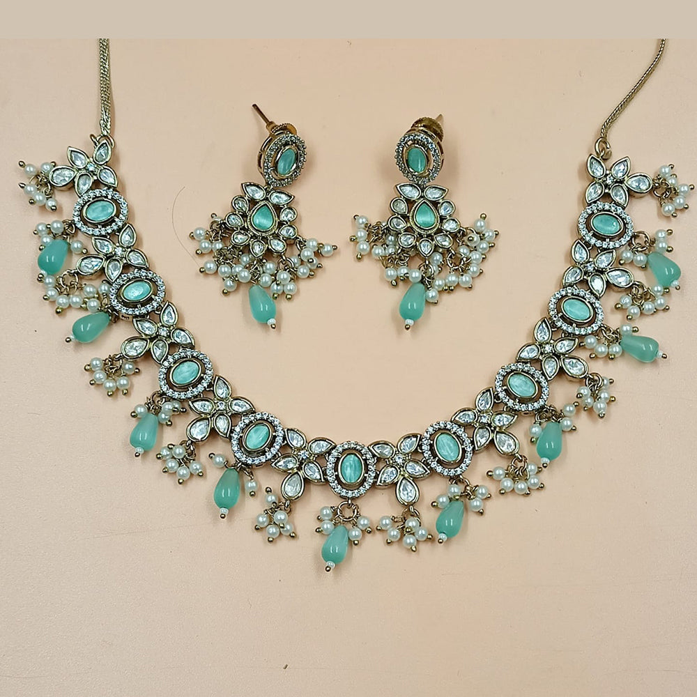 NAFJ Gold Plated Polki Kundan Stone And Beads Necklace Set