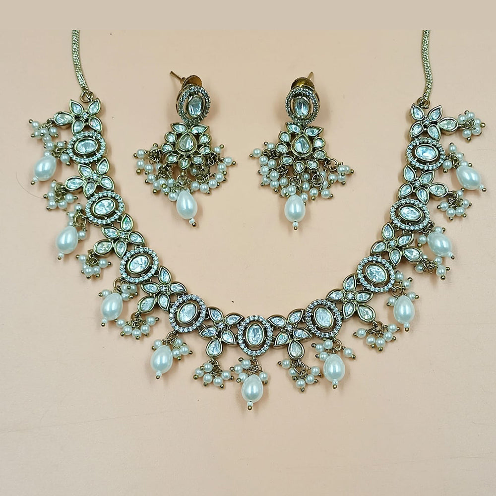 NAFJ Gold Plated Polki Kundan Stone And Beads Necklace Set