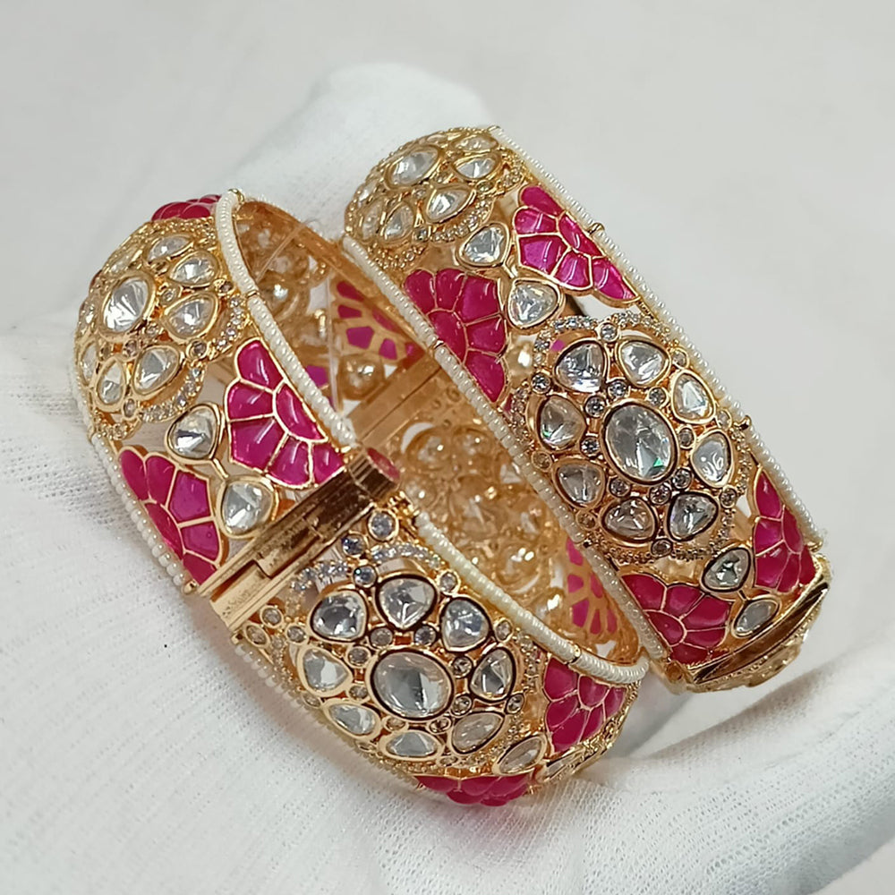 NAFJ Gold Plated Polki Kundan Stone Openable Bangles Set