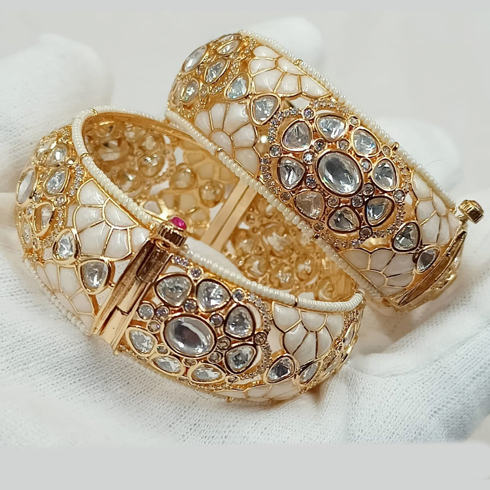 NAFJ Gold Plated Polki Kundan Stone Openable Bangles Set
