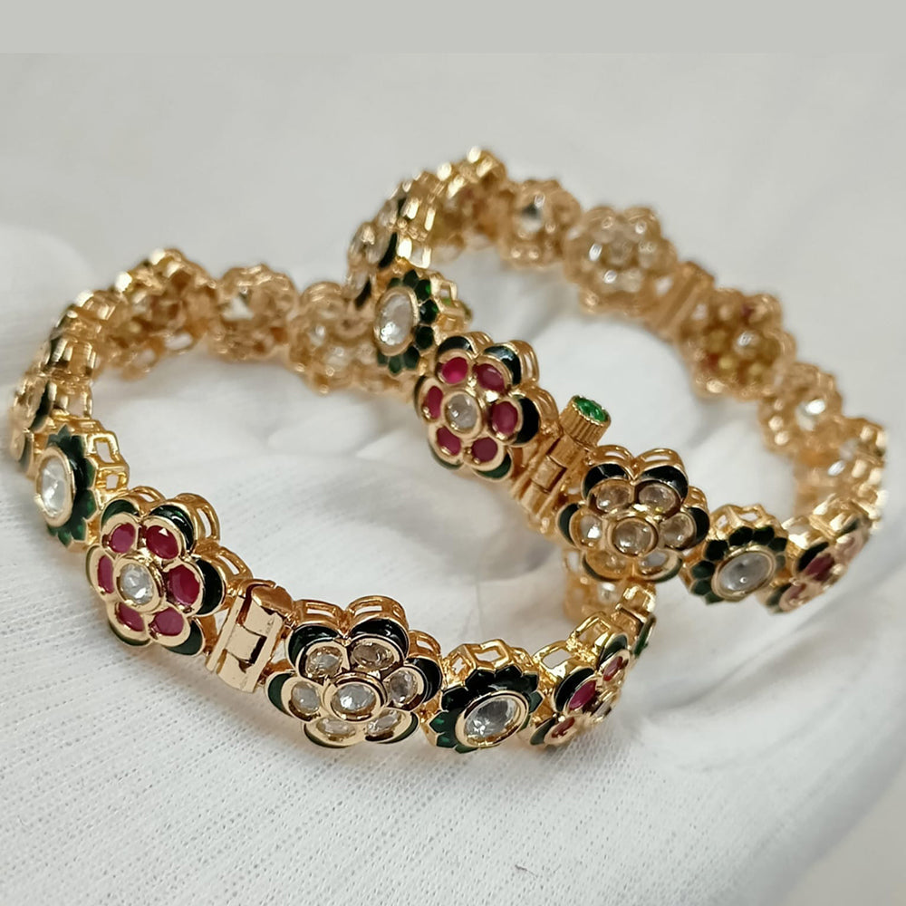 NAFJ Gold Plated Kundan Stone And Meenakari Openable Bangles Set