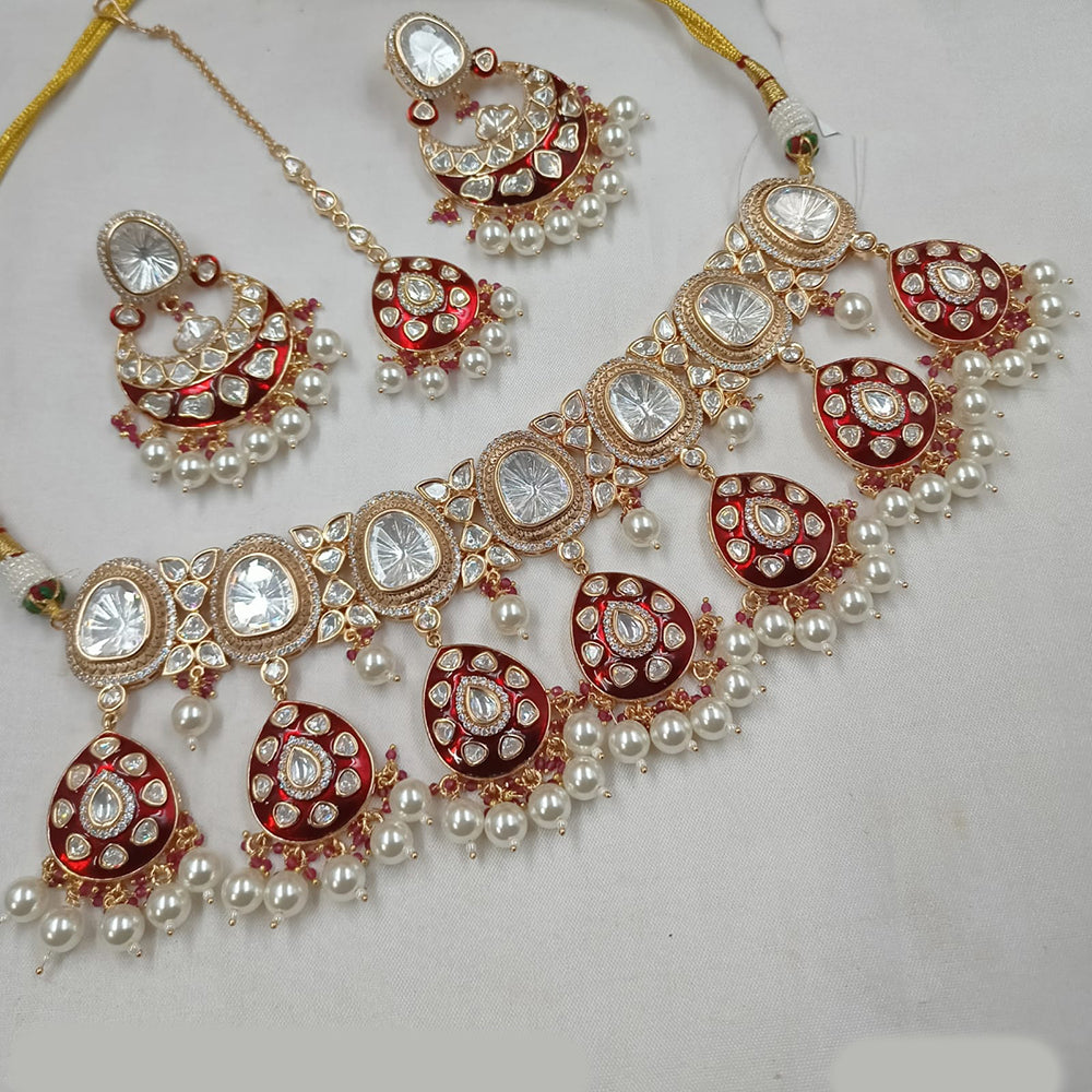 NAFJ Gold Plated Polki Kundan Stone And Meenakari Necklace Set