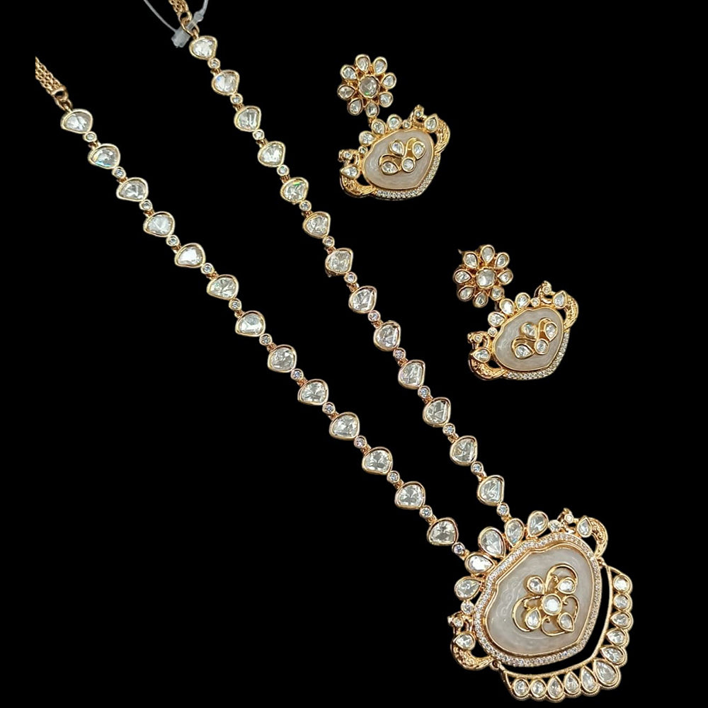 NAFJ Gold Plated Polki Kundan Stone Long Necklace Set