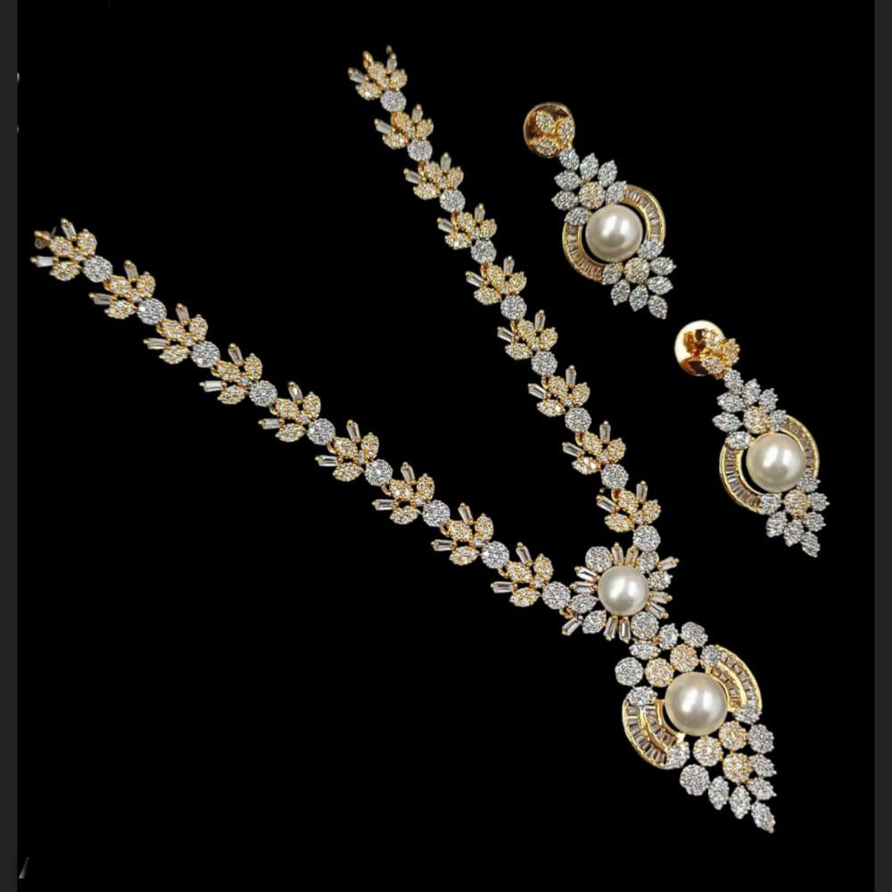 NAFJ 2 Tone Plated Traditional American Diamond And Pearl Look Necklace Set