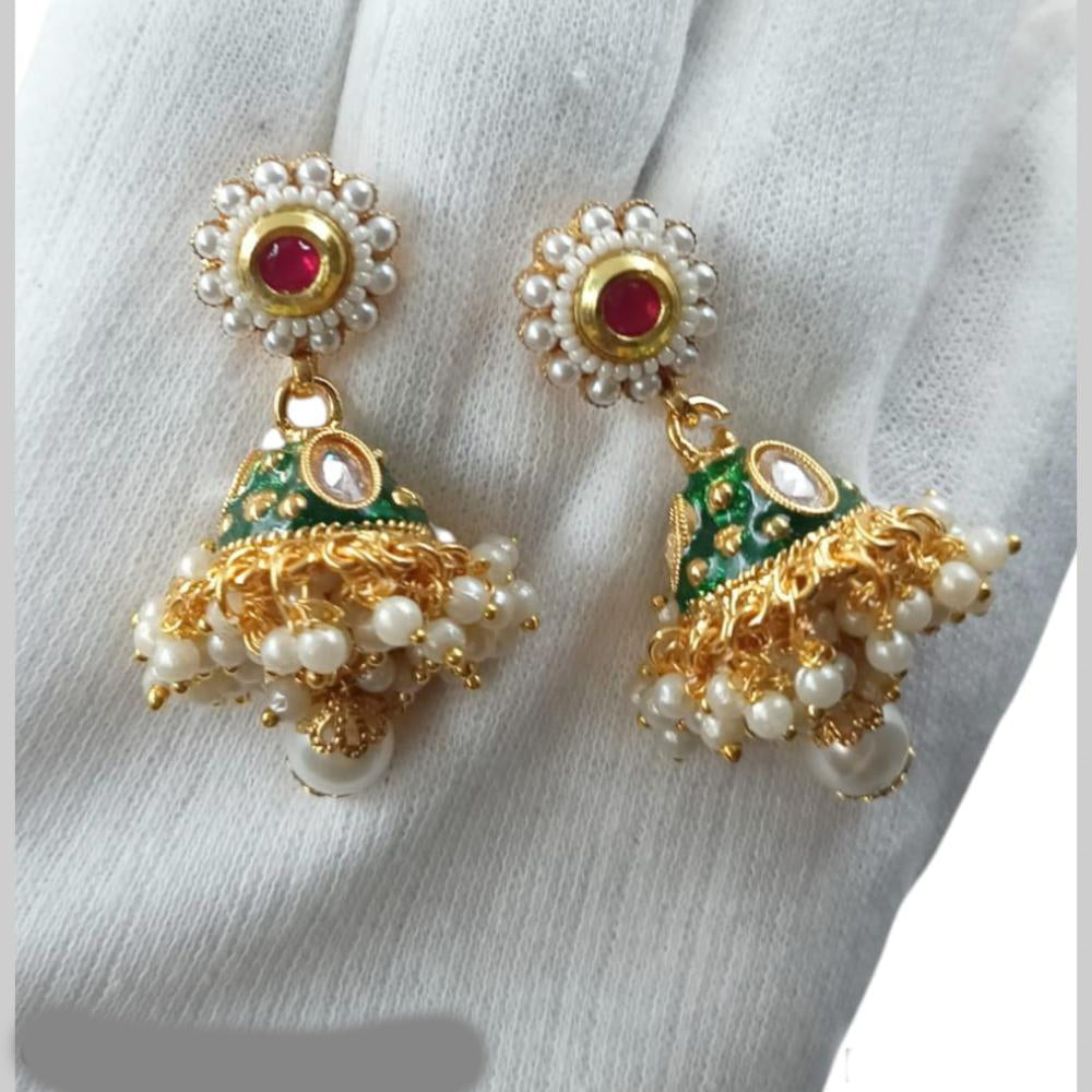 NAFJ Traditional Gold Plated Pota Stones And Pearls With Meenakari Jhumki Earrings