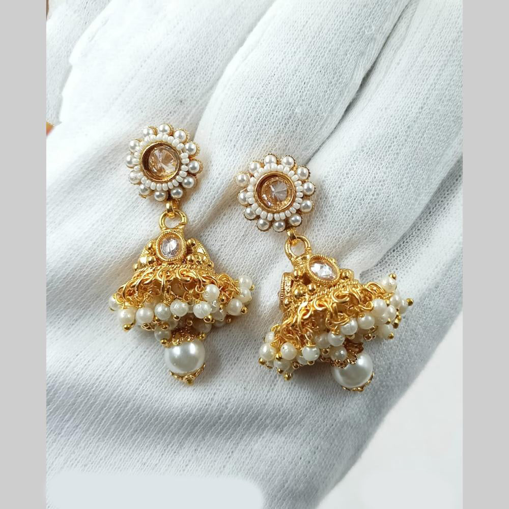NAFJ Traditional Gold Plated Pota Stones And Pearls With Meenakari Jhumki Earrings