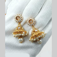 NAFJ Traditional Gold Plated Pota Stones And Pearls With Meenakari Jhumki Earrings