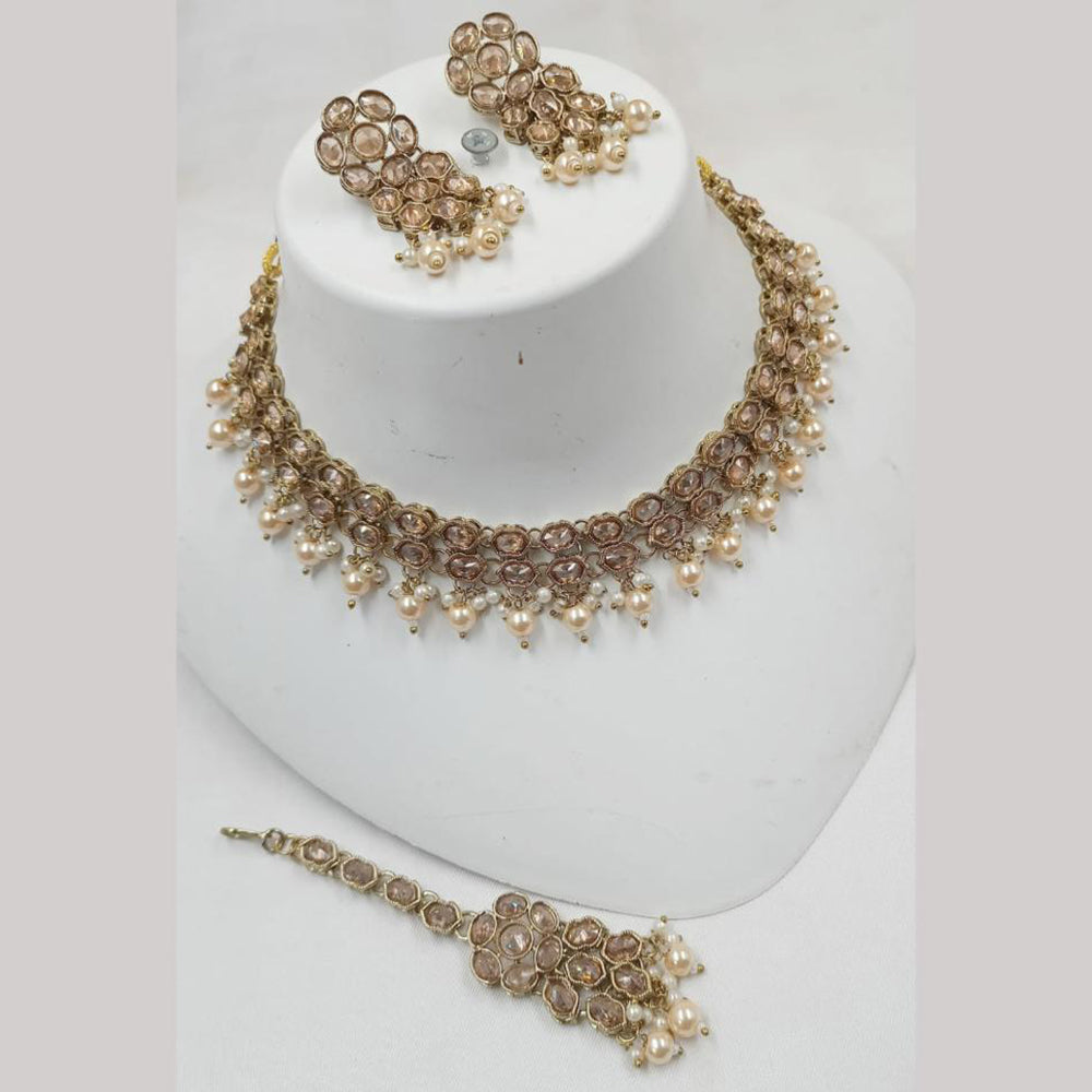NAFJ Gold Plated Elegant Ethnic Crystal Stone & Beads Necklace Set