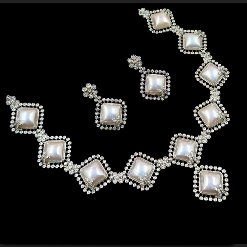 NAFJ Silver Plated Traditional Necklace Set with Austrian Stones and Pearls