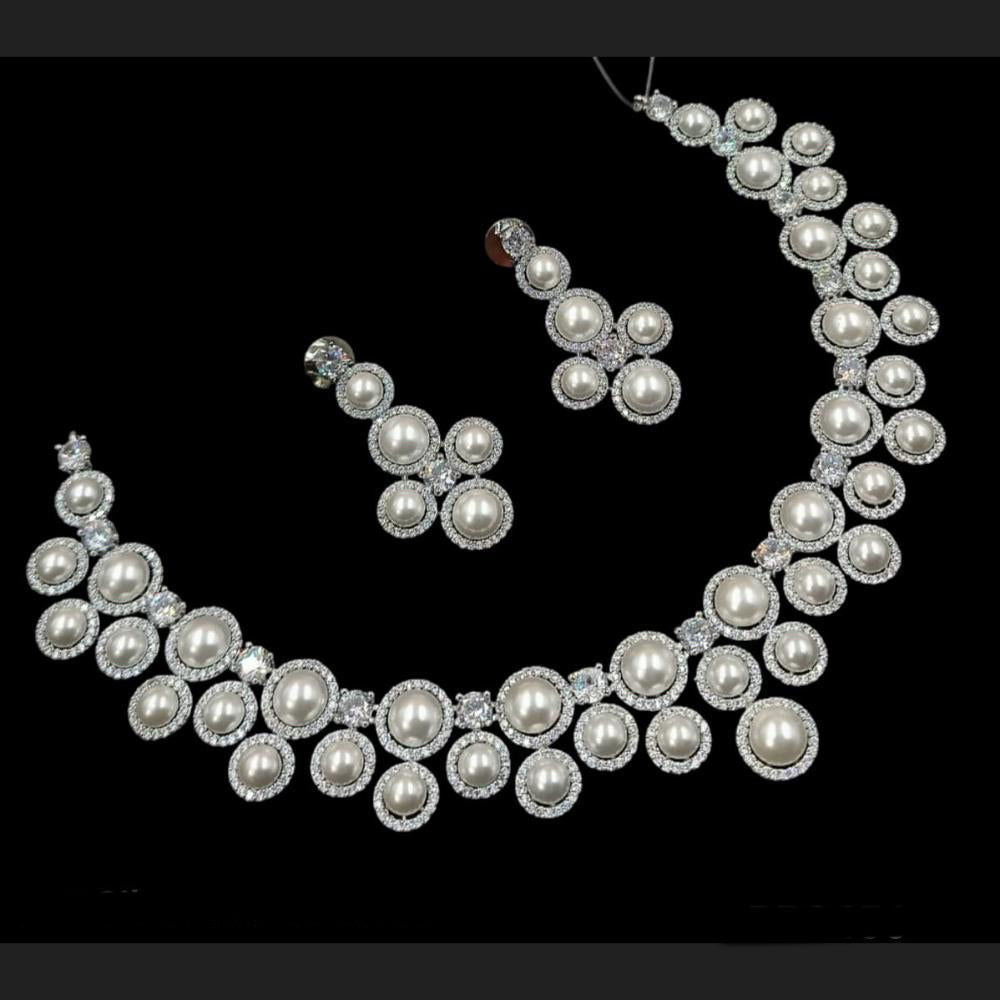 NAFJ Designer Silver-Plated Adorned with Austrian Stone and Classic Pearls Necklace Set