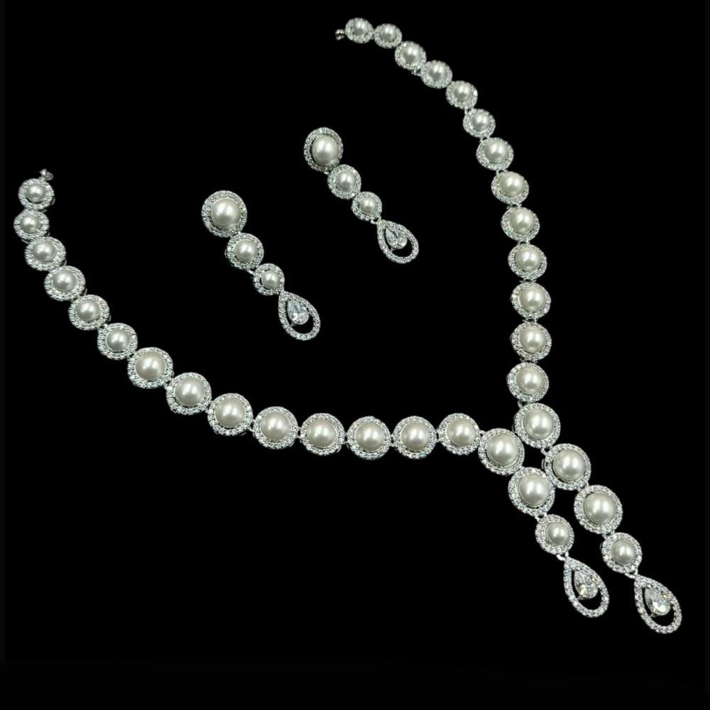 NAFJ Party Wear Silver Plated Austrian Stone And Pearls Necklace Set