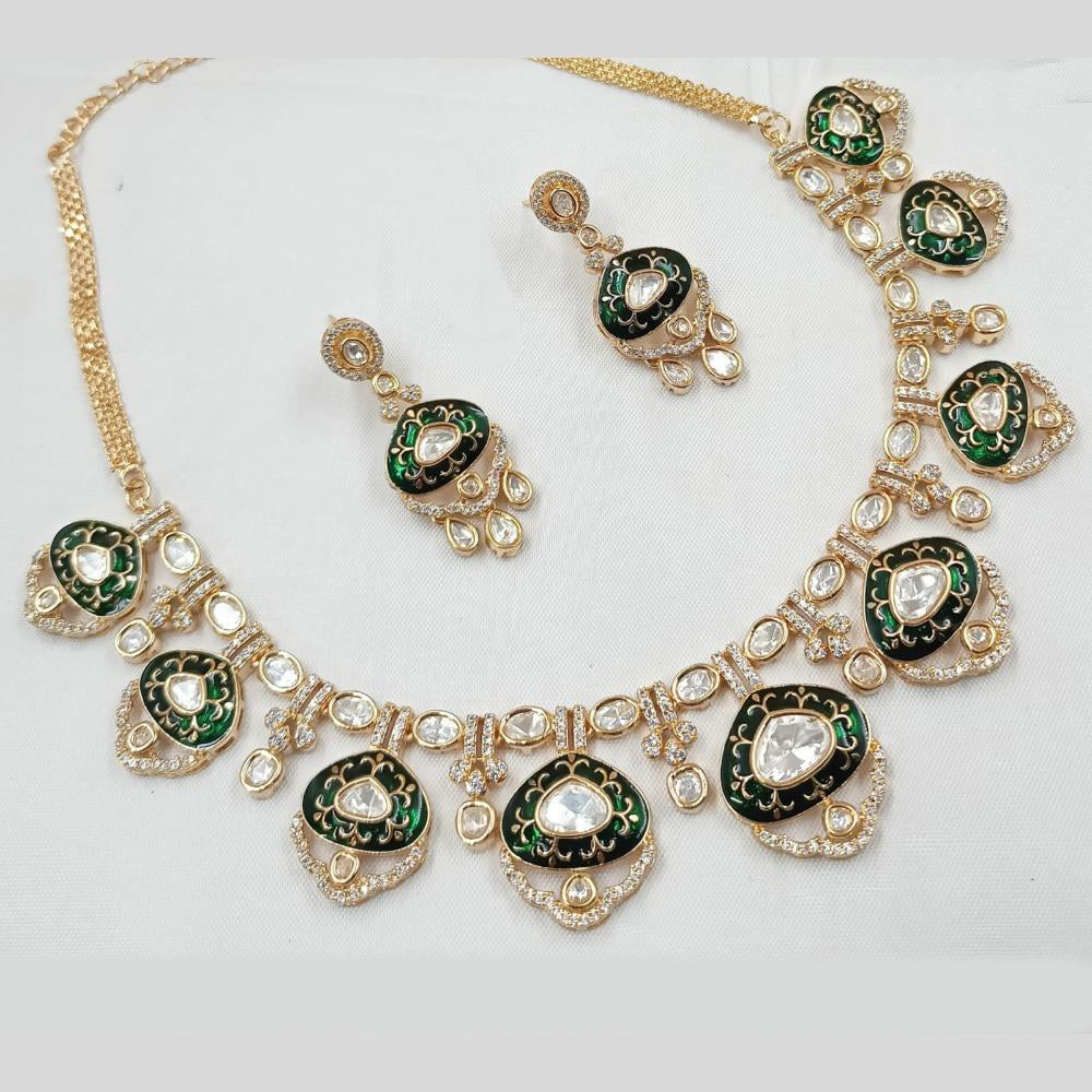 NAFJ Gold Plated Polki Kundan Green Color Meenakari  Necklace Set Jewelry for Women