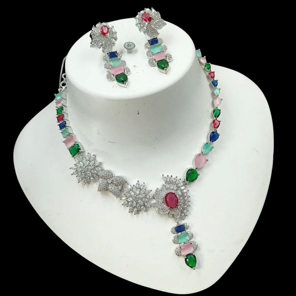 NAFJ Glamorous Silver Plated American Diamond Necklace Set