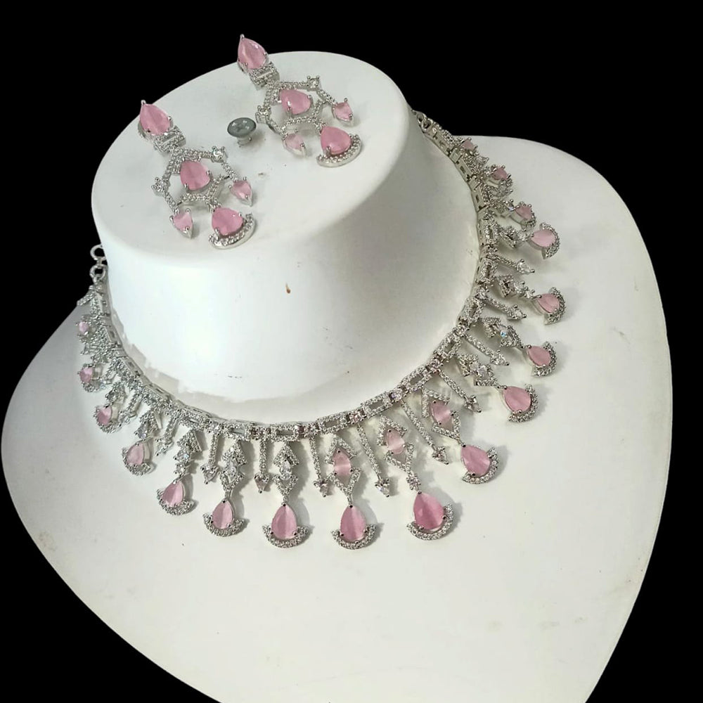 NAFJ Glamorous Silver Plated American Diamond Necklace Set