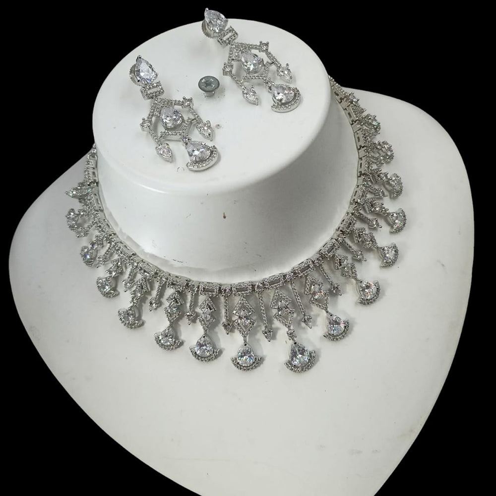 NAFJ Glamorous Silver Plated American Diamond Necklace Set