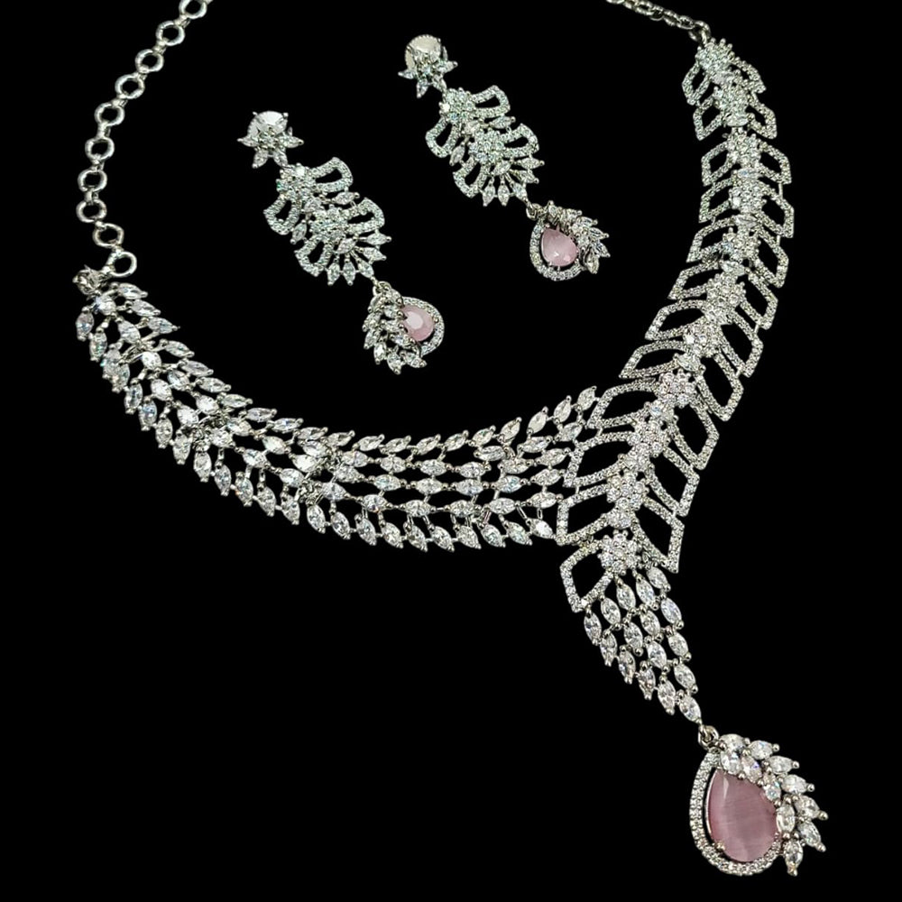 NAFJ Glamorous Silver Plated American Diamond Necklace Set