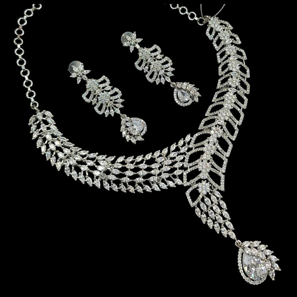 NAFJ Glamorous Silver Plated American Diamond Necklace Set