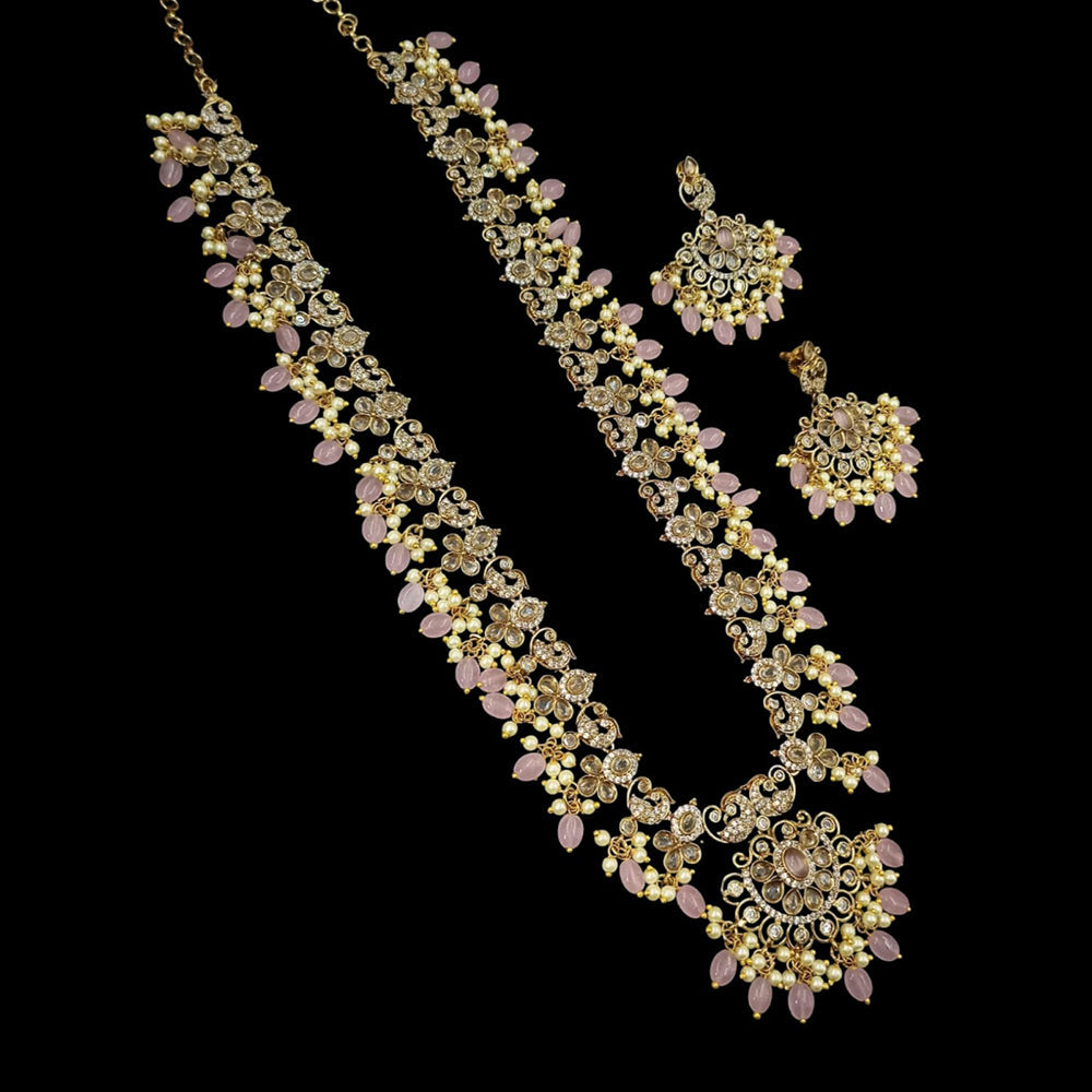 NAFJ Elegant Gold Plated Crystal Stones And Beads Long Necklace Set