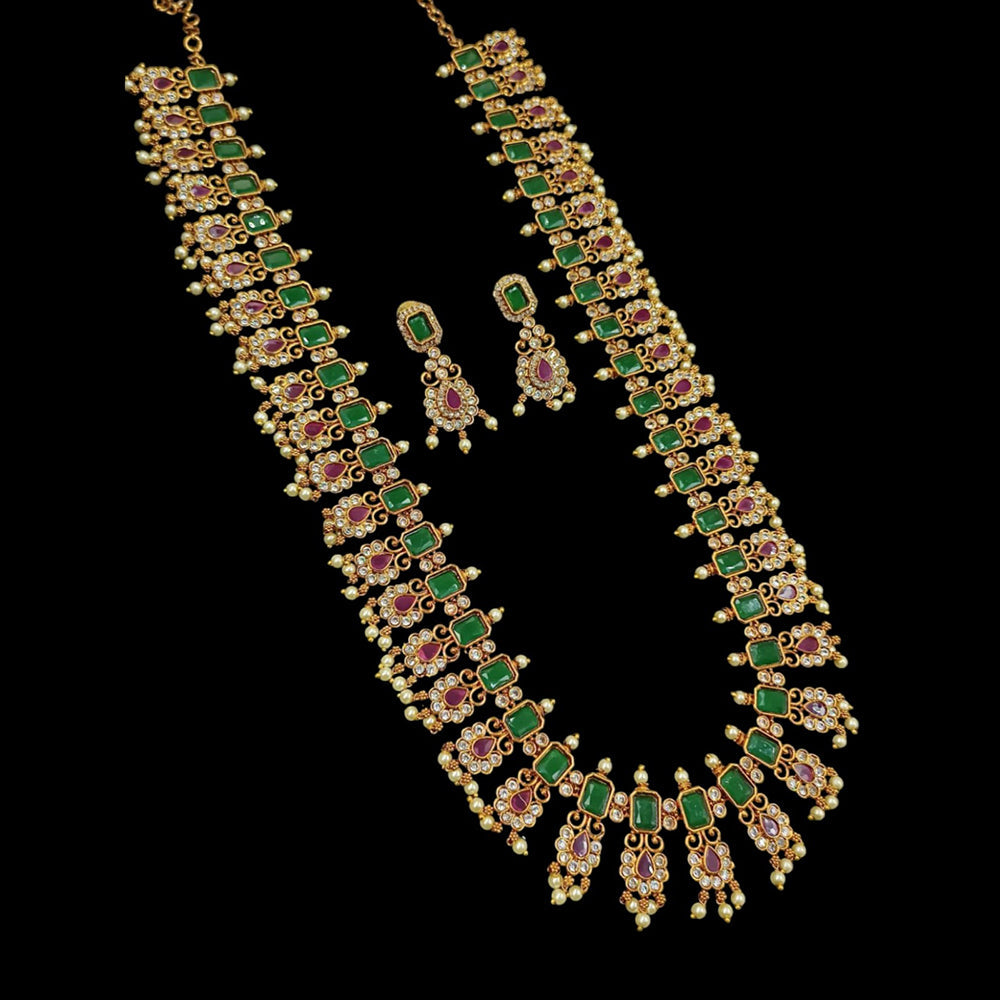 NAFJ Elegant Gold Plated Crystal Stones And Beads Long Necklace Set