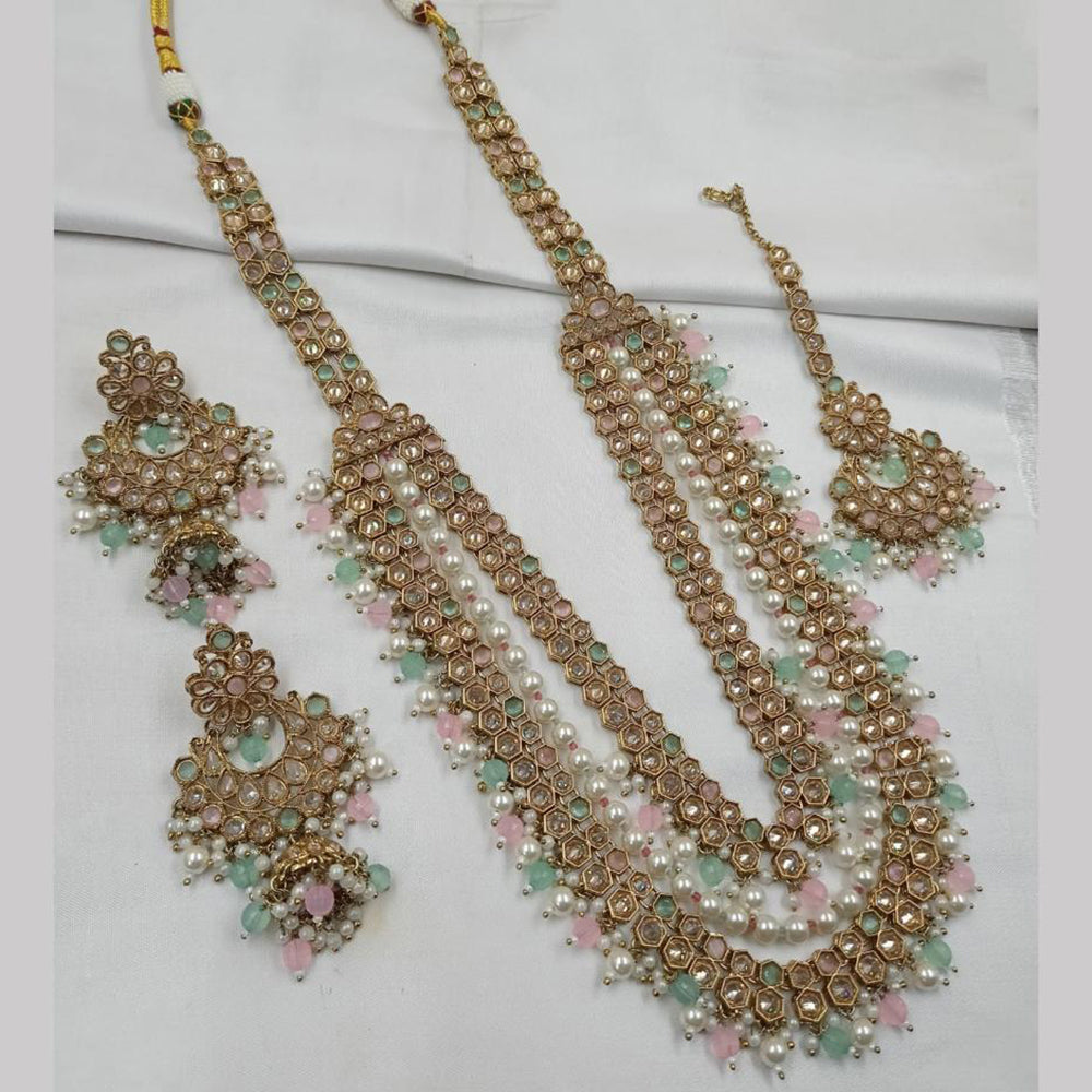 NAFJ Gold Plated Elegant Ethnic Crystal And Beads Long Necklace Set