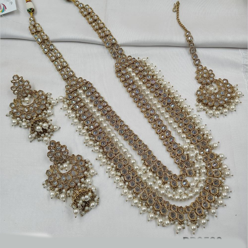 NAFJ Gold Plated Elegant Ethnic Crystal And Beads Long Necklace Set