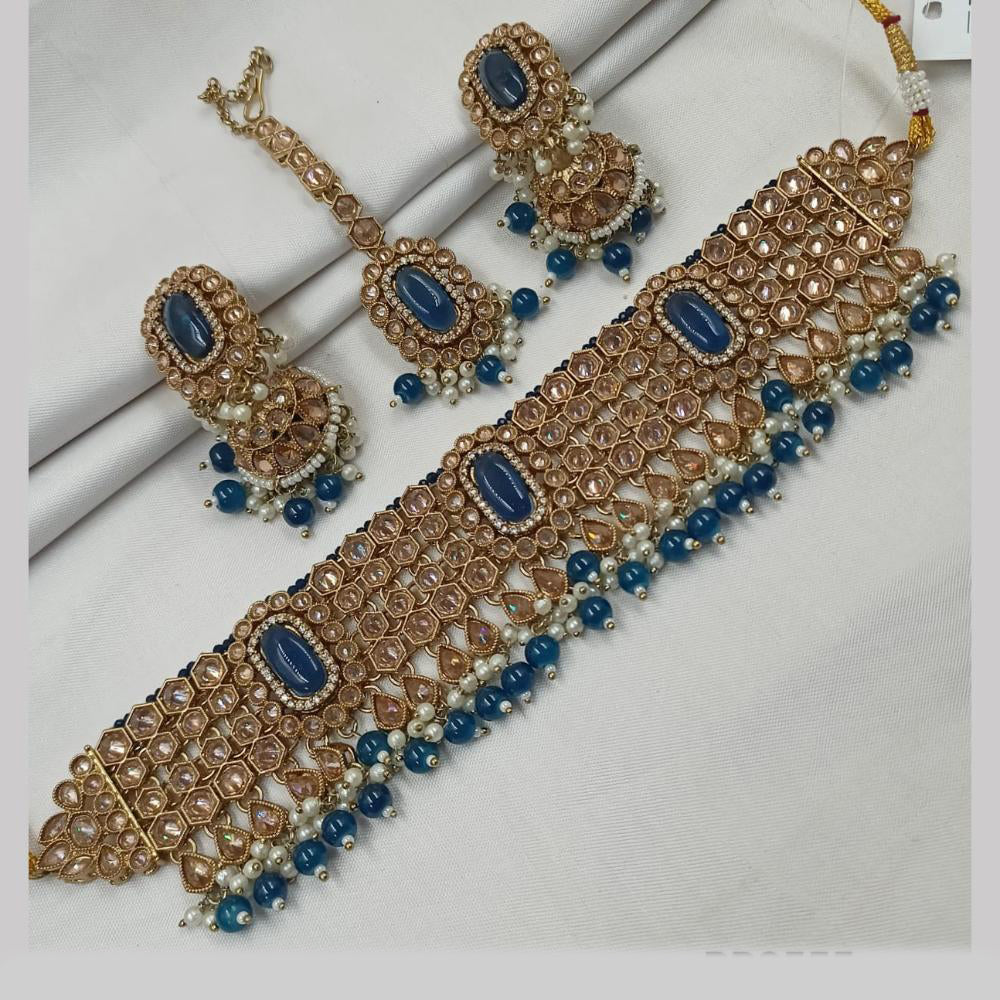 NAFJ Gold Plated Elegant Ethnic Crystal And Beads Choker Necklace Set