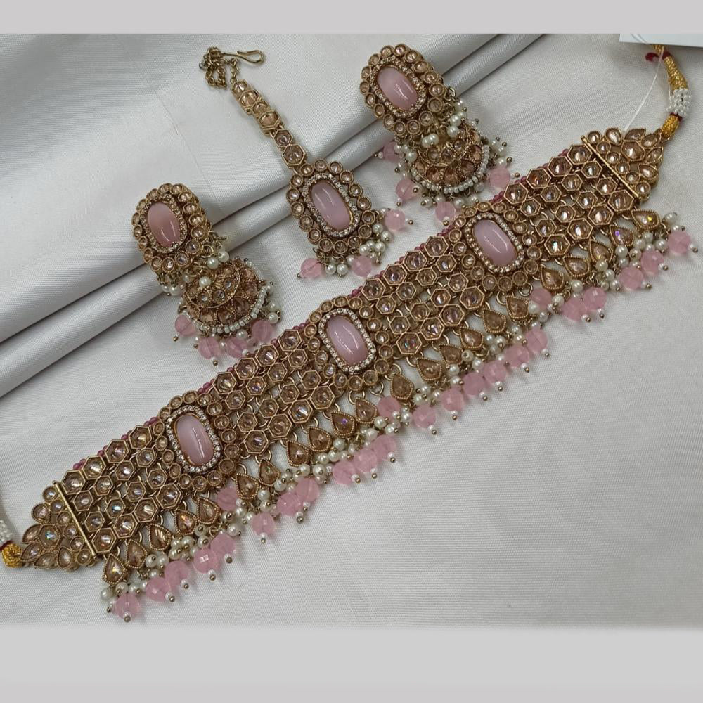 NAFJ Gold Plated Elegant Ethnic Crystal And Beads Choker Necklace Set