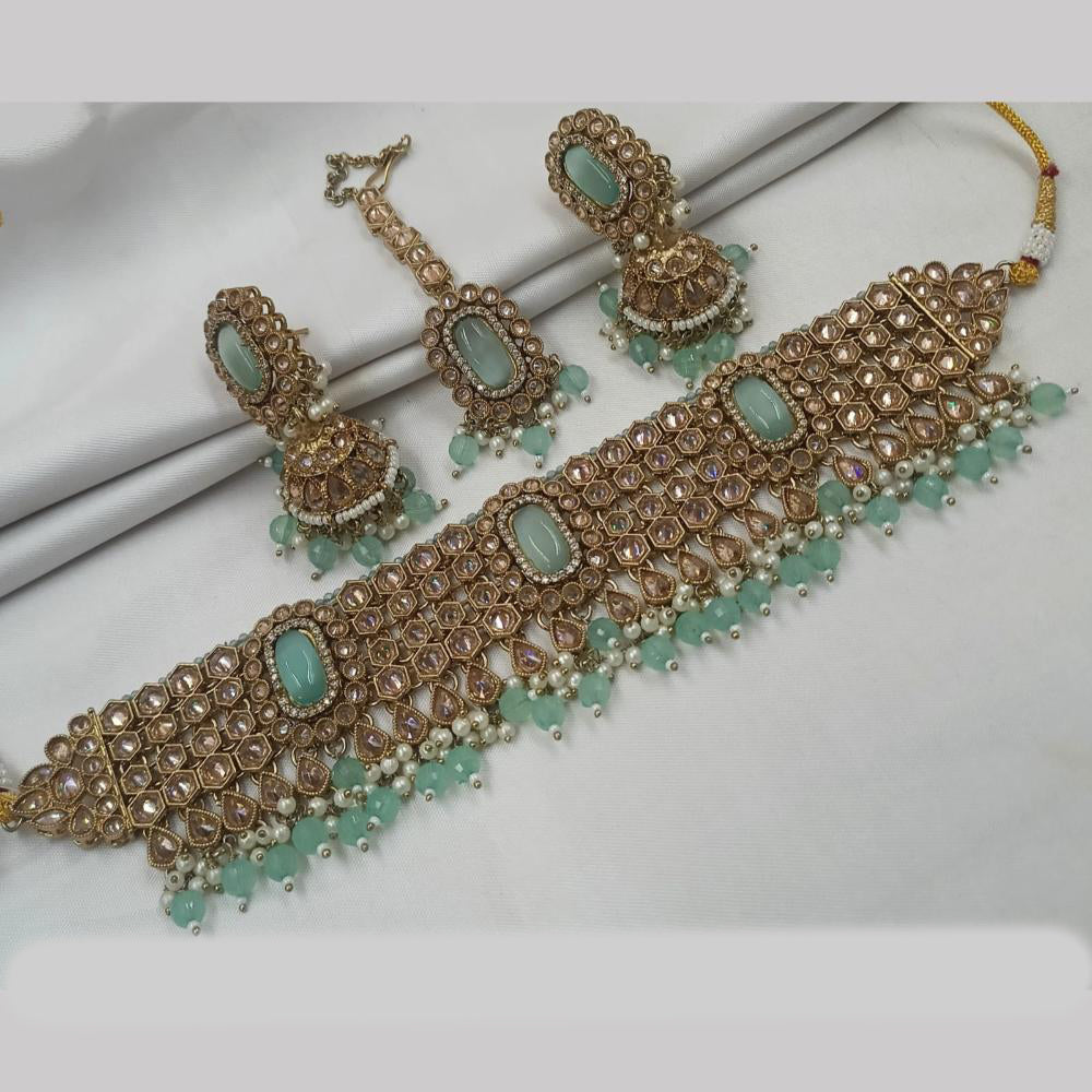 NAFJ Gold Plated Elegant Ethnic Crystal And Beads Choker Necklace Set