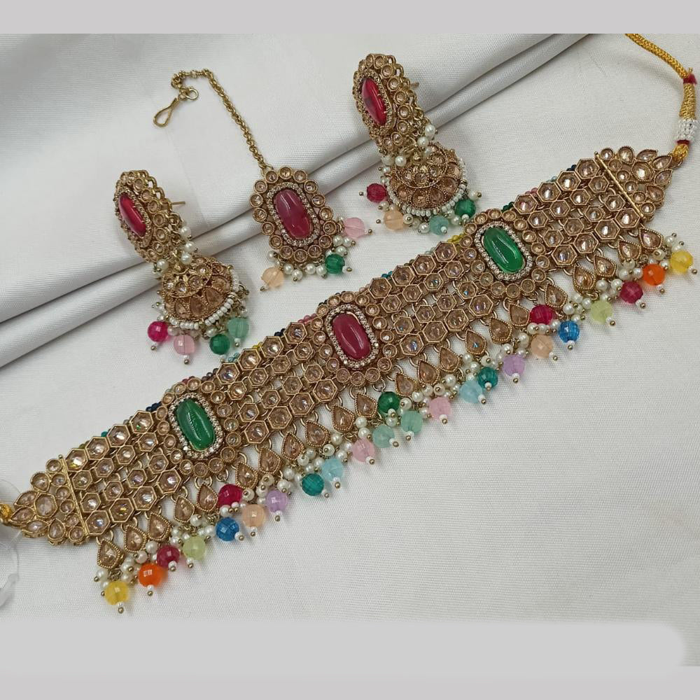 NAFJ Gold Plated Elegant Ethnic Crystal And Beads Choker Necklace Set