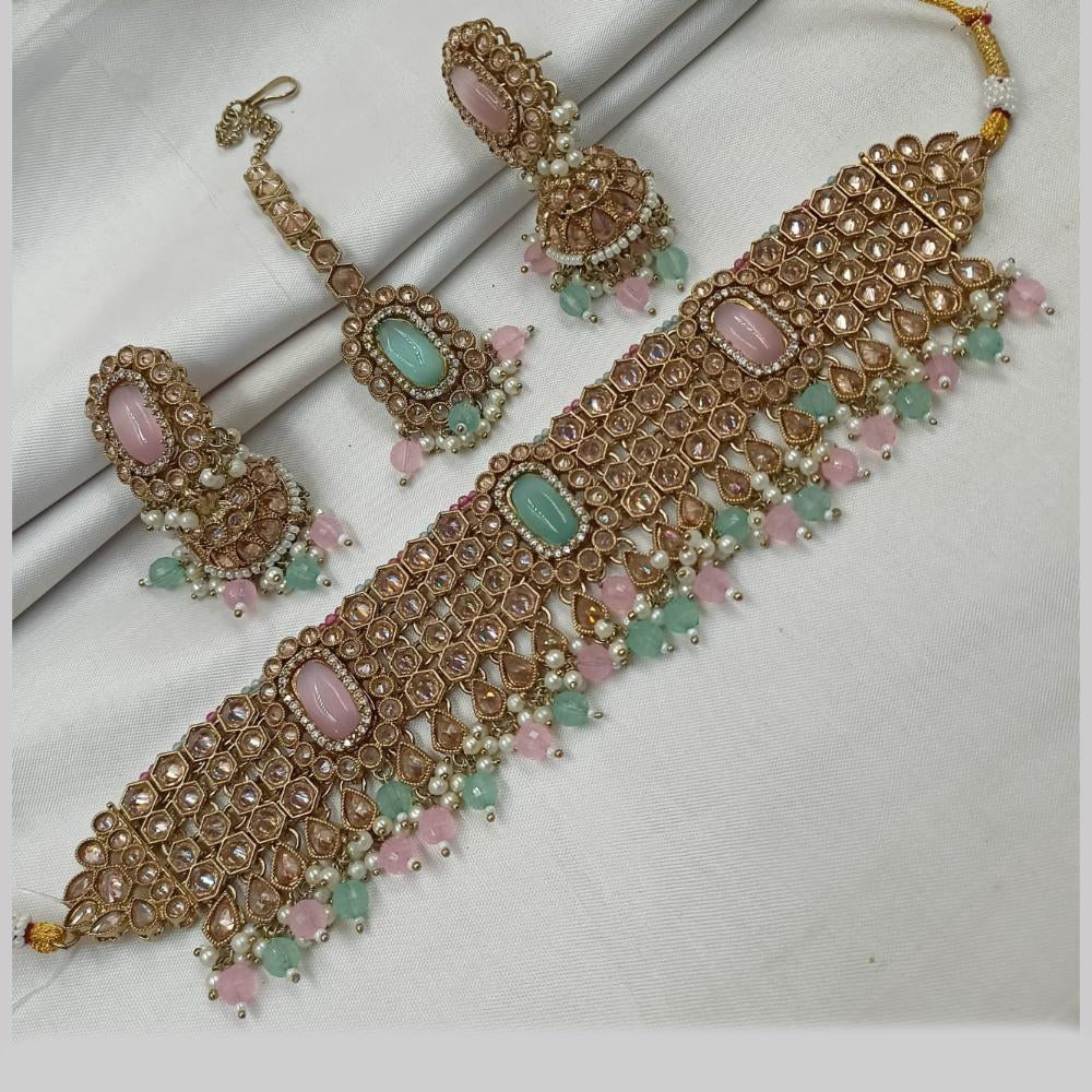 NAFJ Gold Plated Elegant Ethnic Crystal And Beads Choker Necklace Set