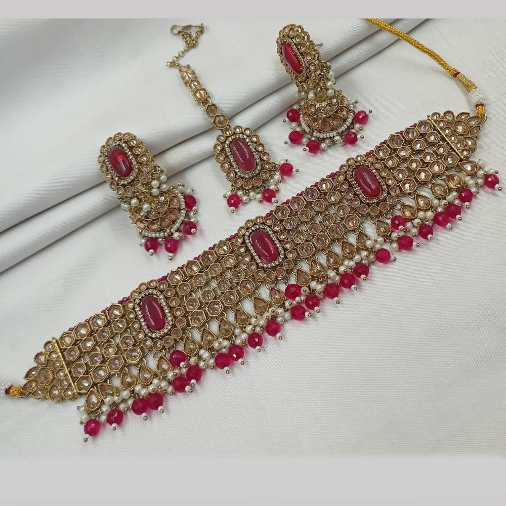 NAFJ Gold Plated Elegant Ethnic Crystal And Beads Choker Necklace Set