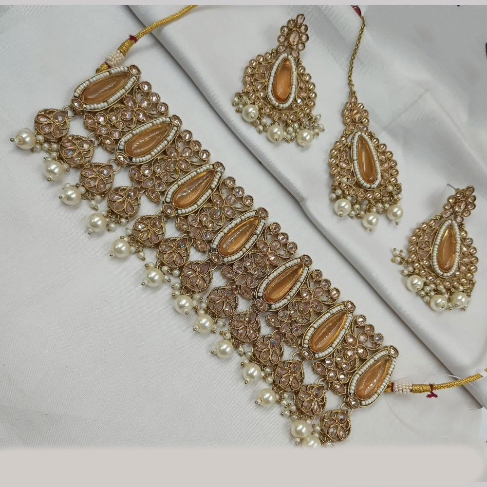 NAFJ Gold Plated Elegant Ethnic Crystal And Beads Choker Necklace Set