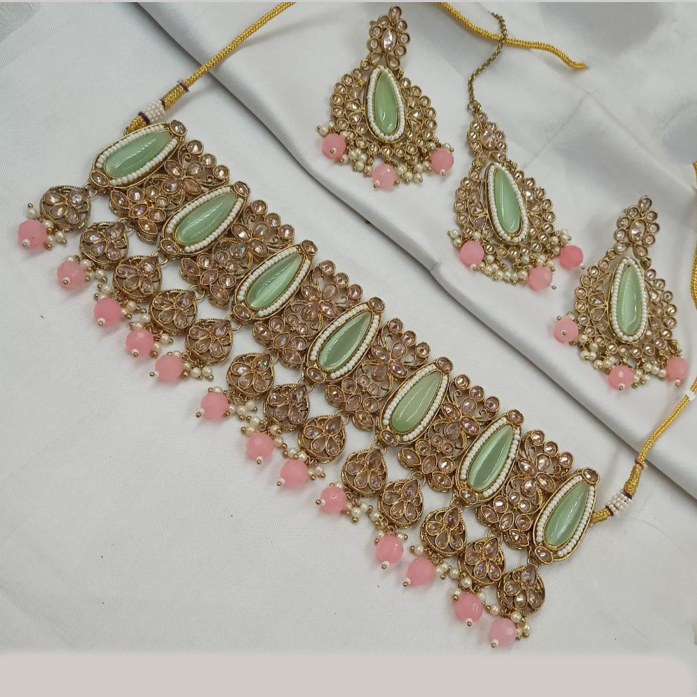 NAFJ Gold Plated Elegant Ethnic Crystal And Beads Choker Necklace Set