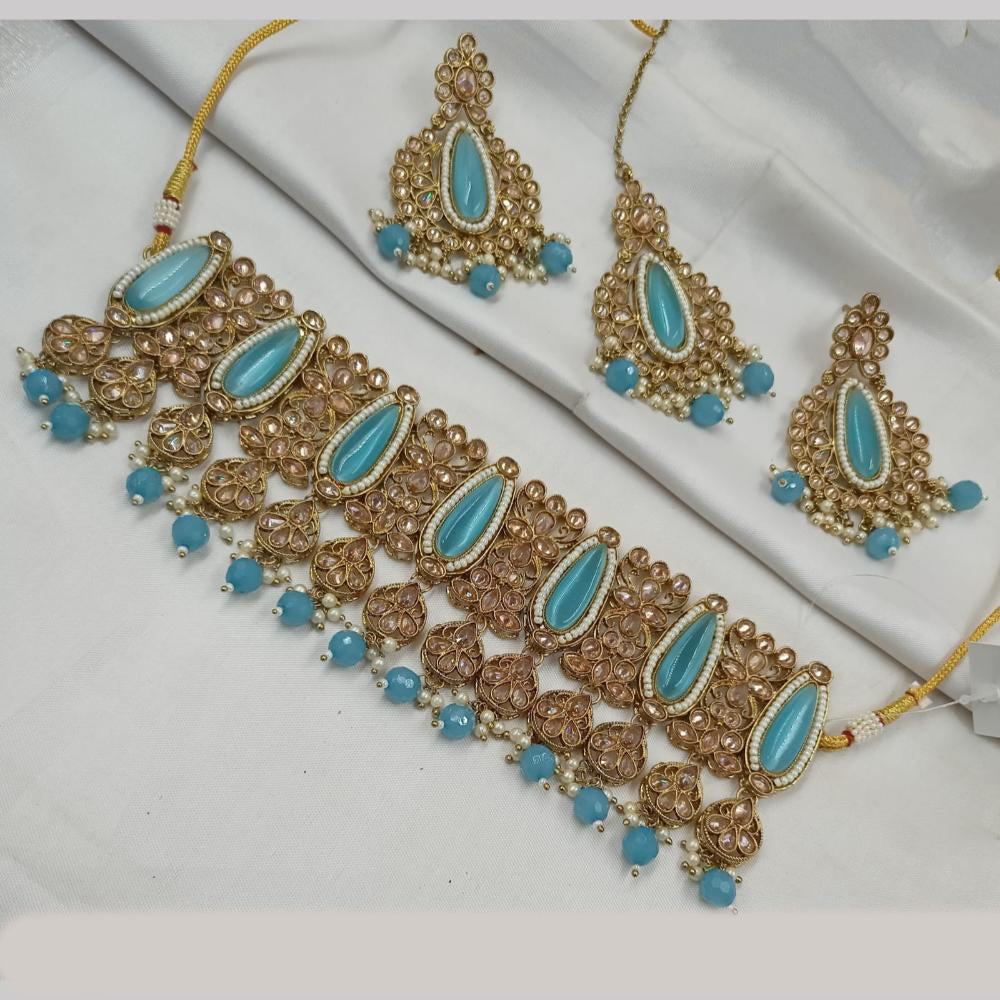 NAFJ Gold Plated Elegant Ethnic Crystal And Beads Choker Necklace Set