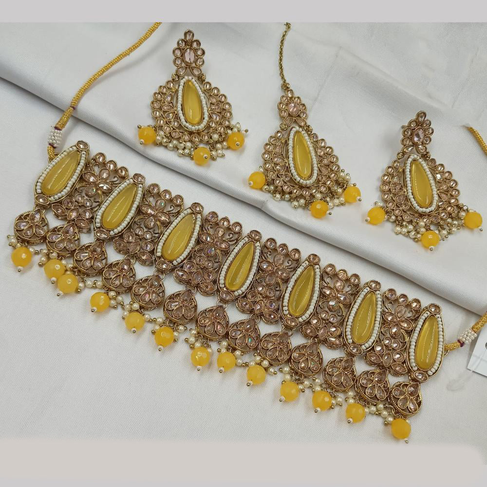 NAFJ Gold Plated Elegant Ethnic Crystal And Beads Choker Necklace Set