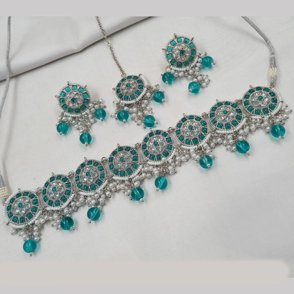 NAFJ Silver Plated Elegant Ethnic Crystal And Beads Choker Necklace Set