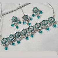 NAFJ Silver Plated Elegant Ethnic Crystal And Beads Choker Necklace Set