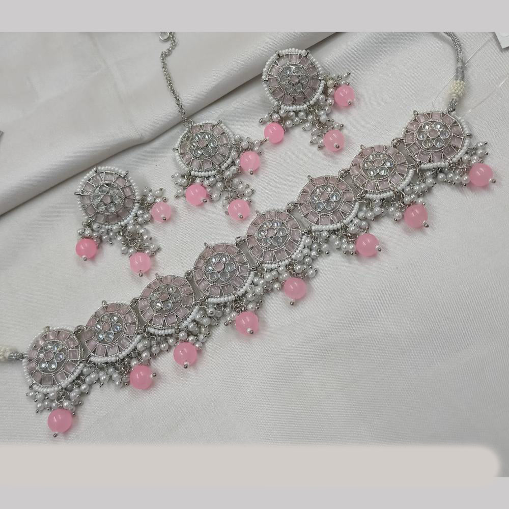NAFJ Silver Plated Elegant Ethnic Crystal And Beads Choker Necklace Set
