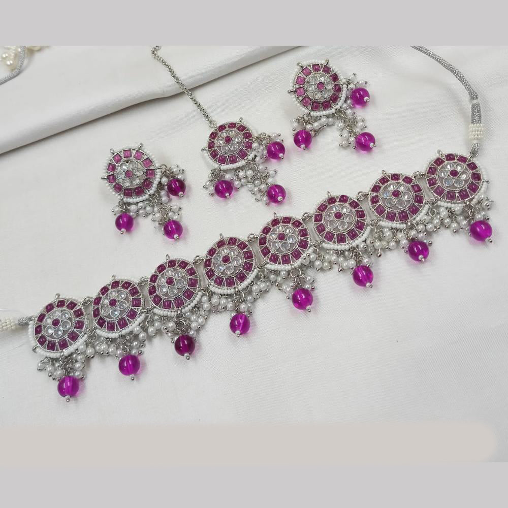NAFJ Silver Plated Elegant Ethnic Crystal And Beads Choker Necklace Set