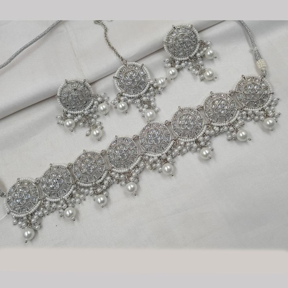 NAFJ Silver Plated Elegant Ethnic Crystal And Beads Choker Necklace Set