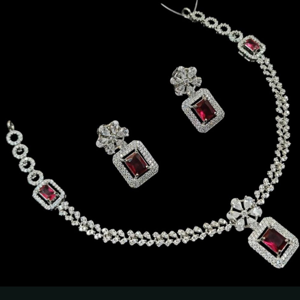 NAFJ Glamorous Silver Plated American Diamond Necklace Set