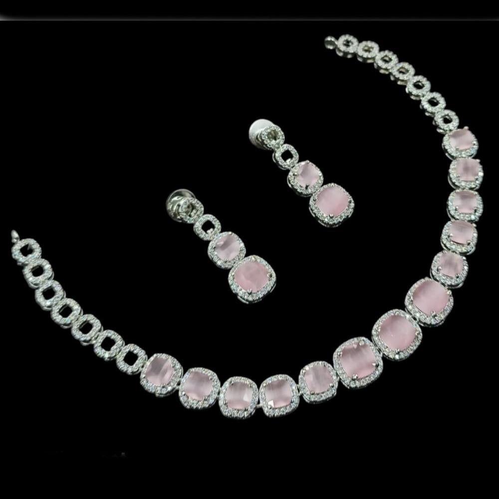 NAFJ Glamorous Silver Plated American Diamond Necklace Set