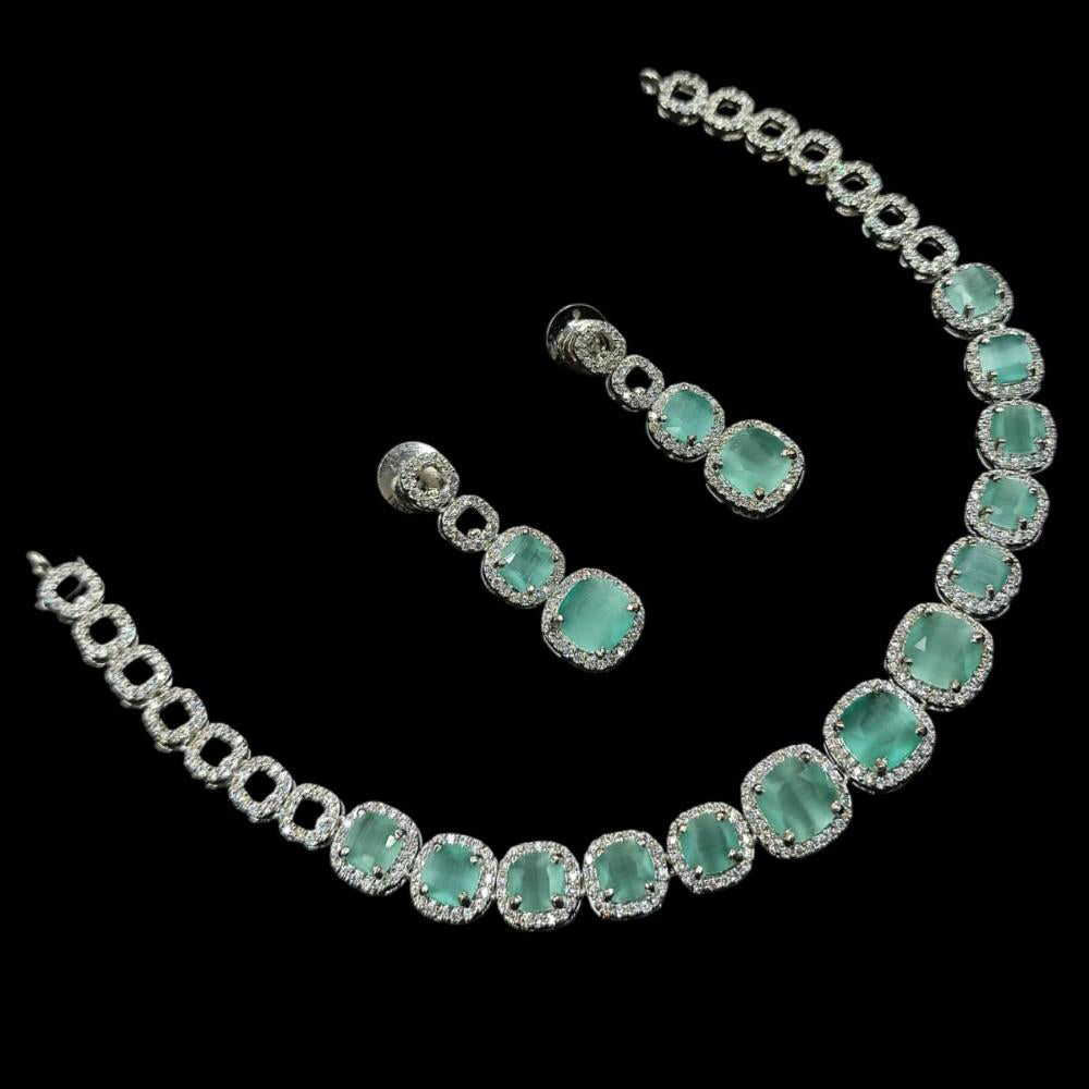 NAFJ Glamorous Silver Plated American Diamond Necklace Set