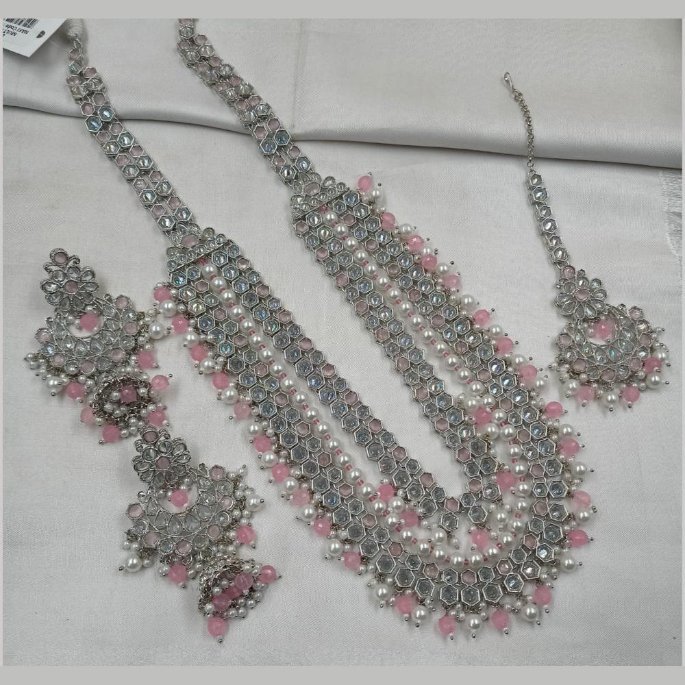 NAFJ Silver Plated Elegant Ethnic Crystal And Beads Long Necklace Set