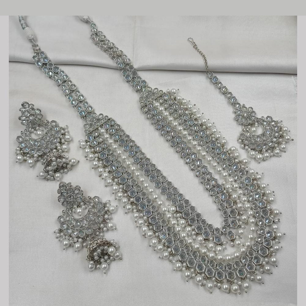NAFJ Silver Plated Elegant Ethnic Crystal And Beads Long Necklace Set
