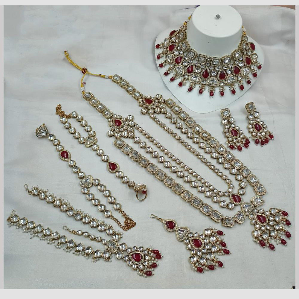 NAFJ Royal Gold Plated Kundan Stone And Beads Bridal Set