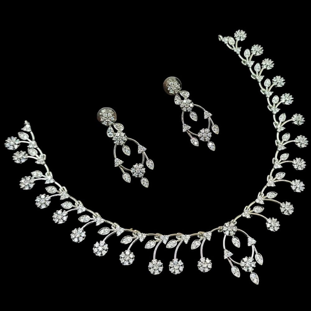 NAFJ Glamorous Silver Plated American Diamond Necklace Set