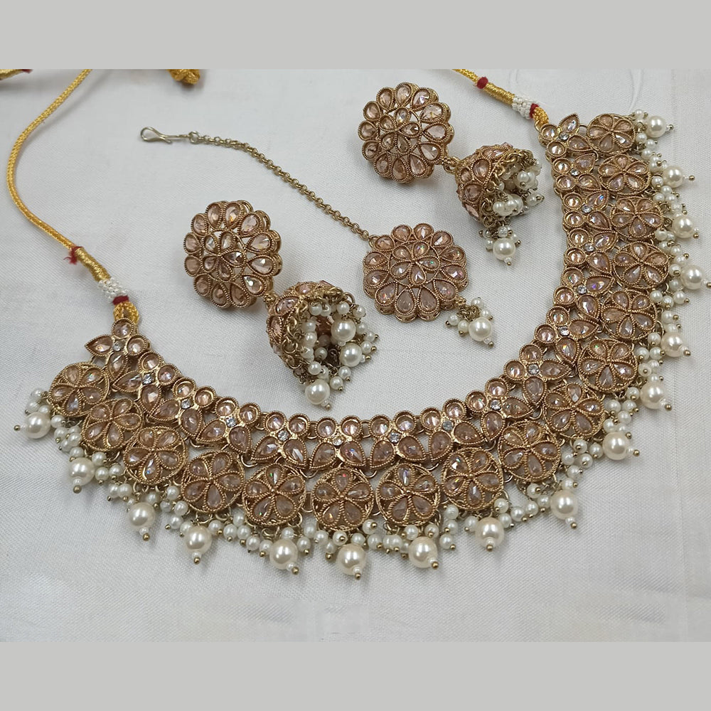 NAFJ Gold Plated Crystal & Pearl  Graceful Charm for Every Occasion Choker Necklace Set
